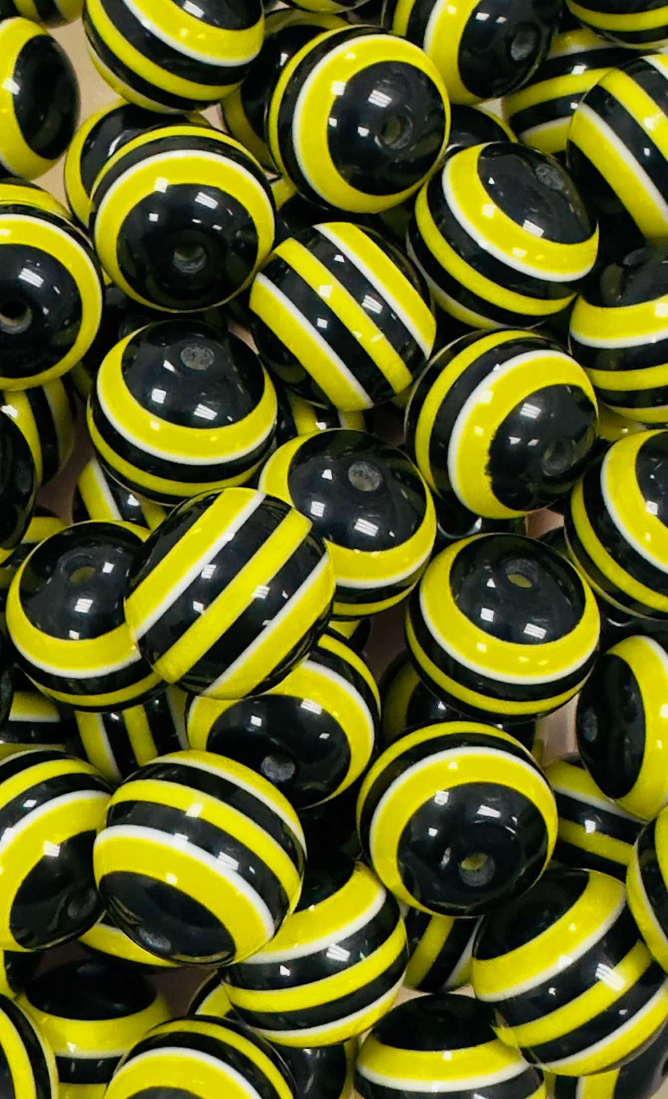 Yellow & Black Stripes 20mm Acrylic Bead