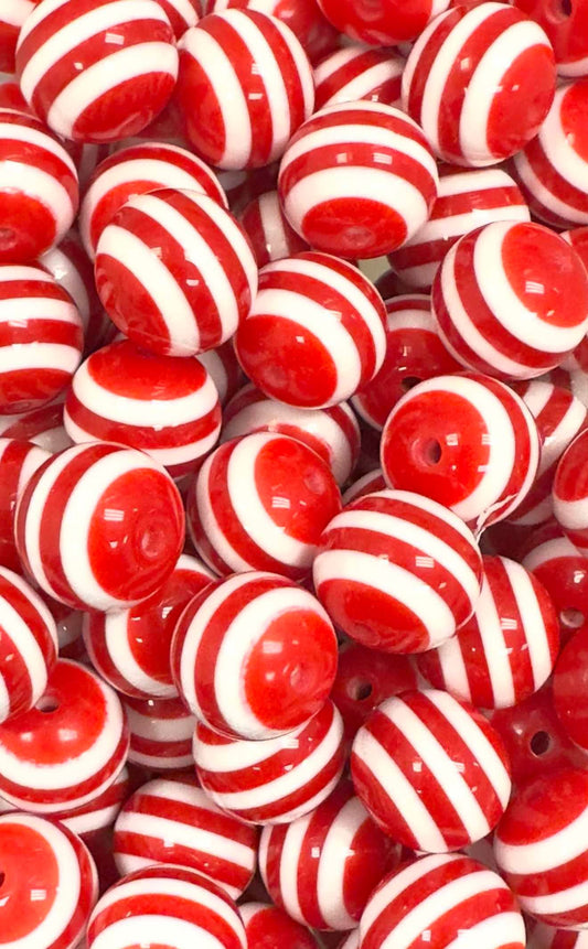 Red & White Stripes 20mm Acrylic Bead