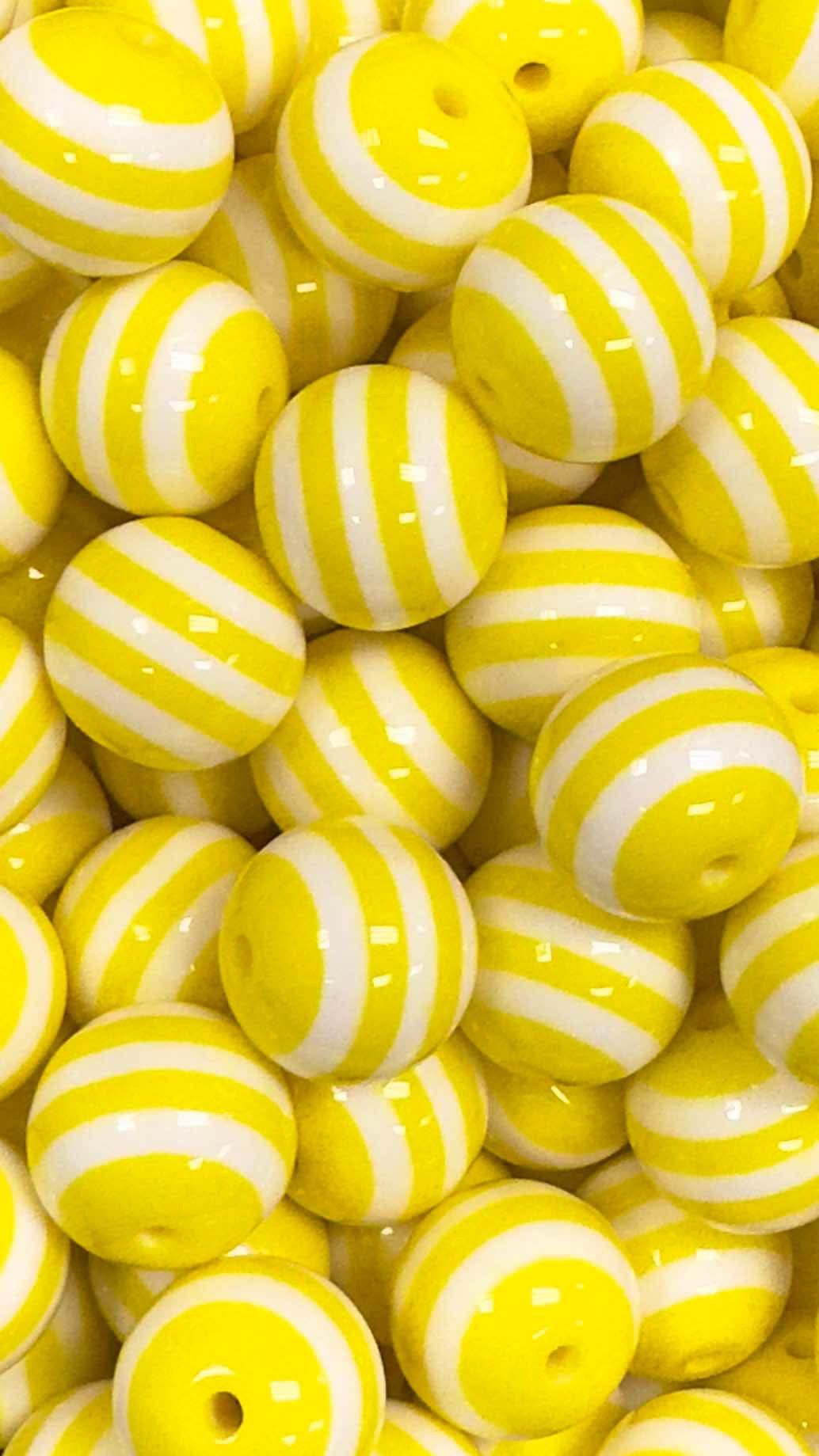 Yellow & White Stripes 20mm Acrylic Bead