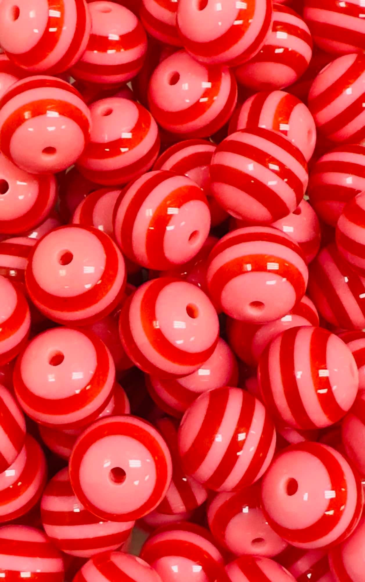 Red & Pink Stripes 20mm Acrylic Bead