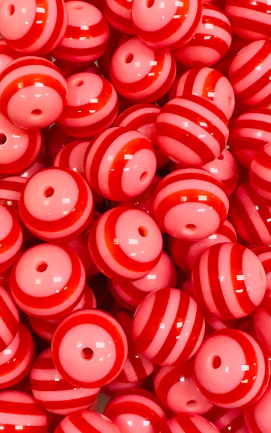 Red & Pink Stripes 20mm Acrylic Bead