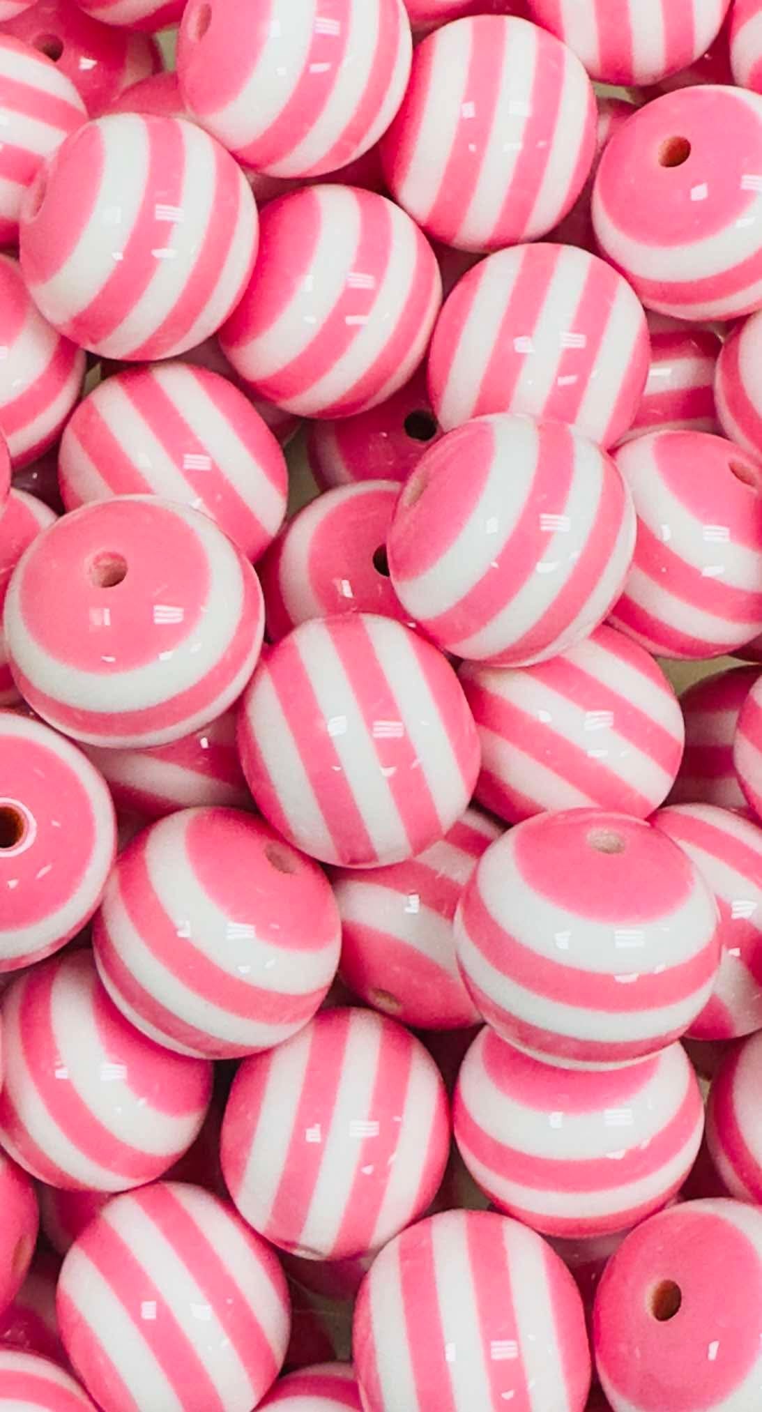 Pink & White Stripes 20mm Acrylic Bead