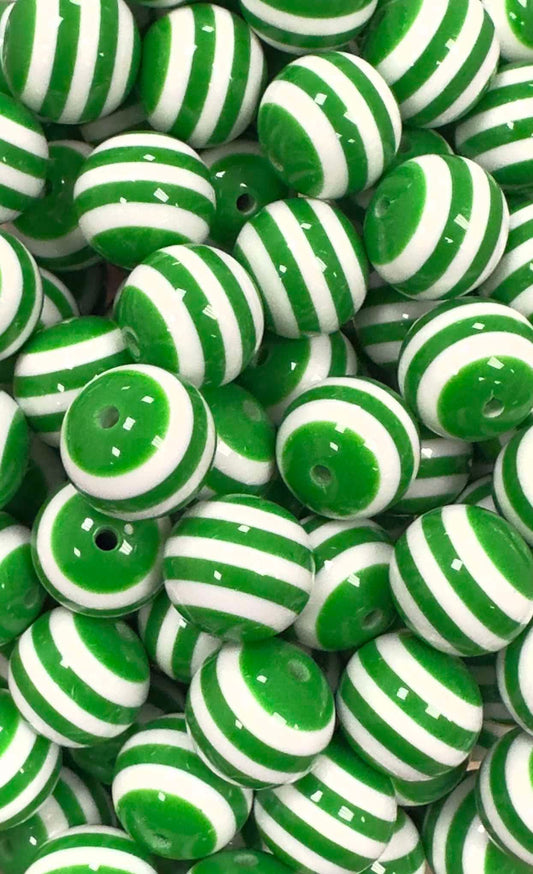 Green & White Stripes 20mm Acrylic Bead