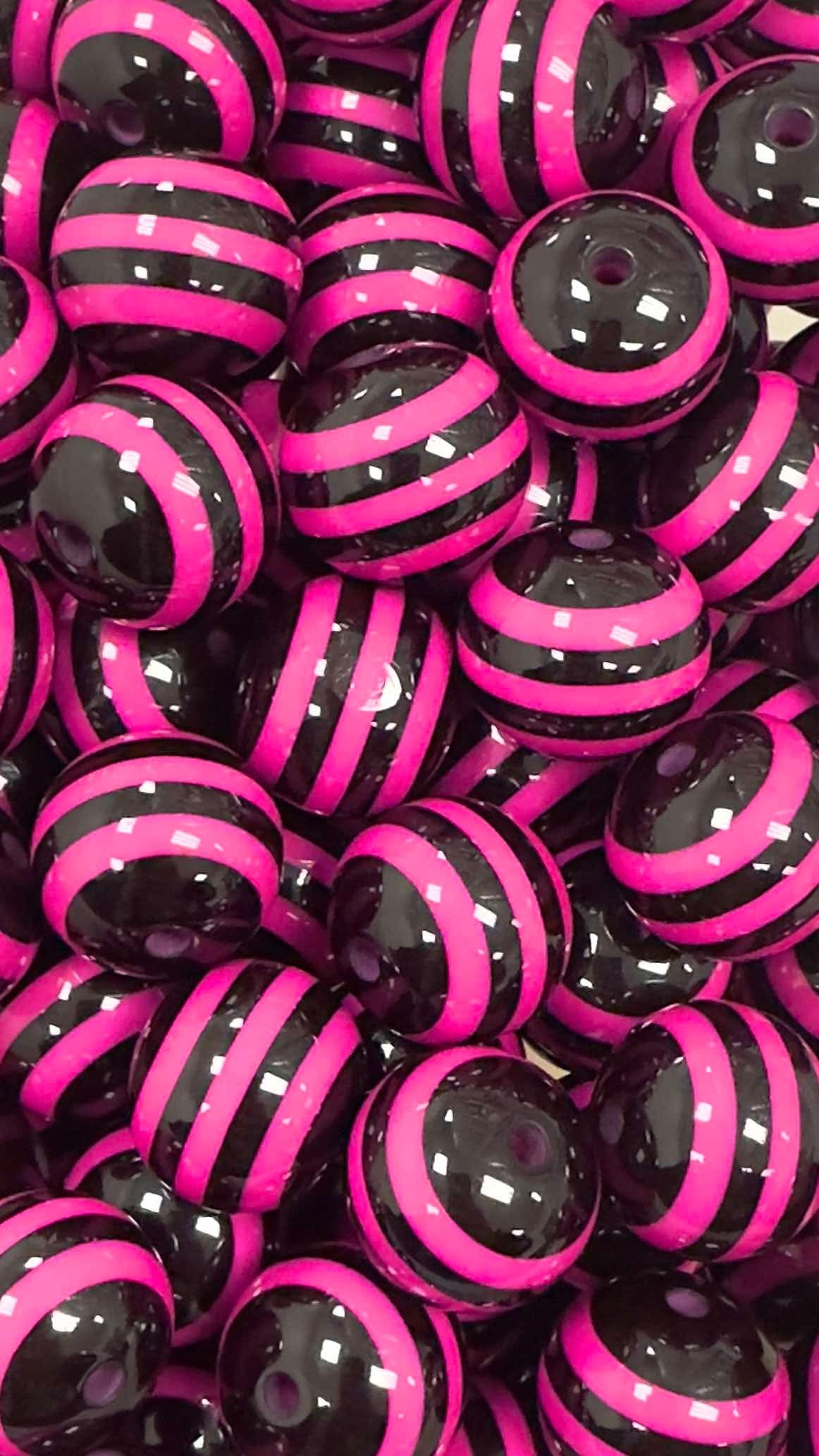 Black & Pink Stripes 20mm Acrylic Bead