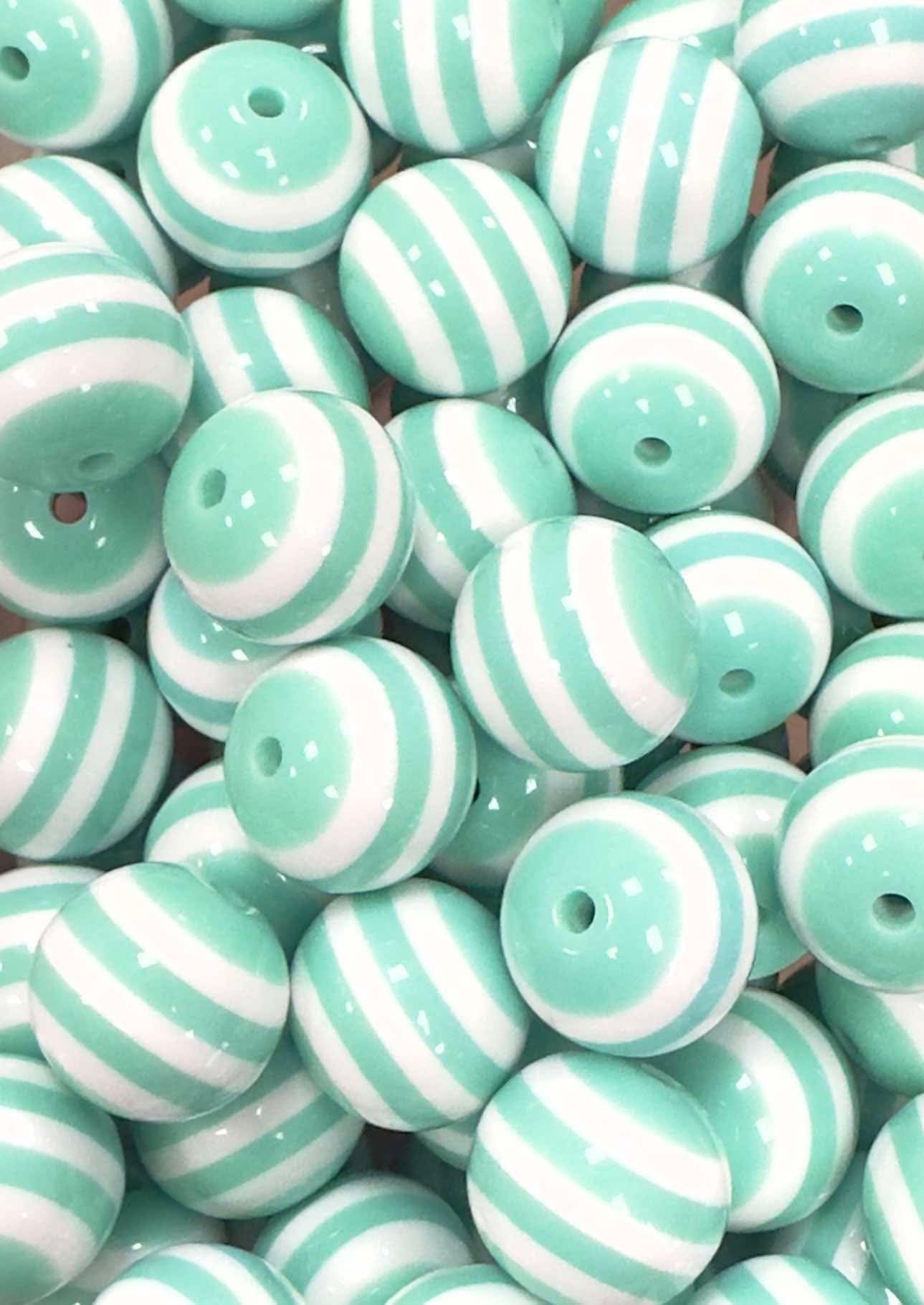 Mint & White Stripes 20mm Acrylic Bead