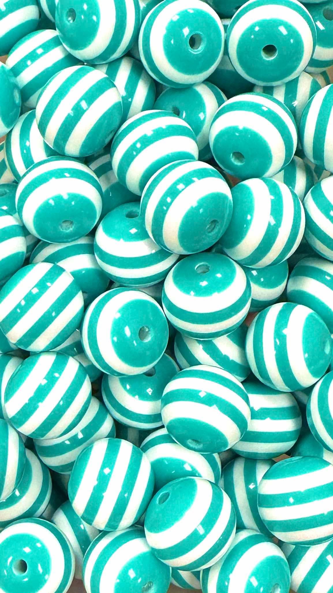 Turquoise & White Stripes 20mm Acrylic Bead