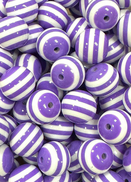 Purple & White Stripes 20mm Acrylic Bead