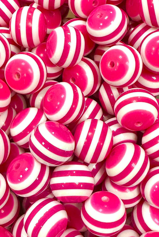 Fuchsia & White Stripes 20mm Acrylic Bead