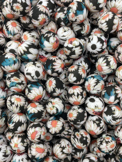Black Daisy Printed 15mm Bead