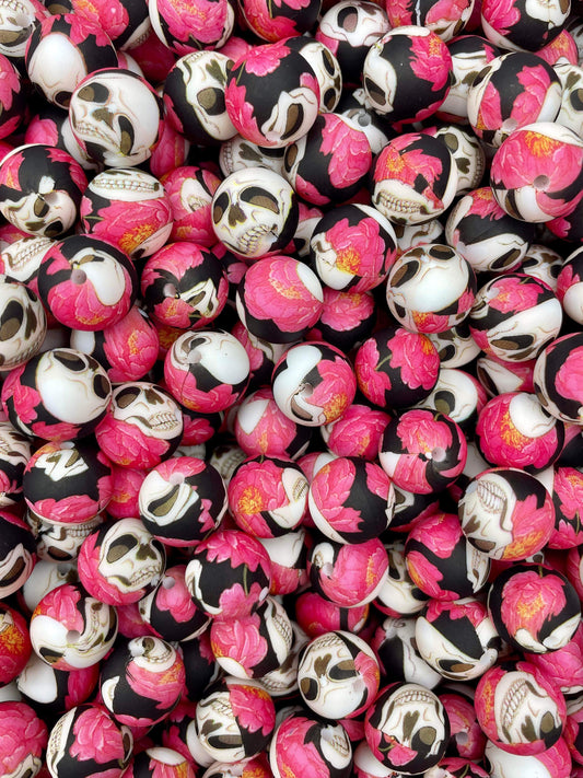 Floral Skull Printed 15mm Bead