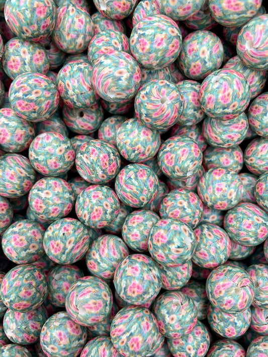 Teal Floral Printed 15mm Bead