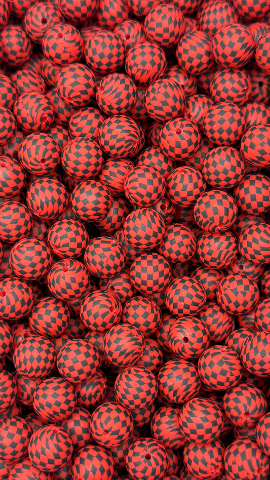 Red & Black Checkered  Printed 15mm Bead