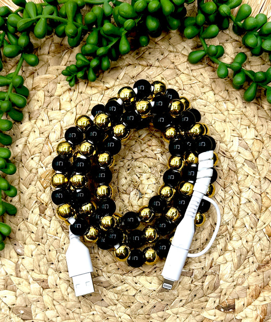 Black & Gold Beaded USB/USB-C Lightning Cord Charger