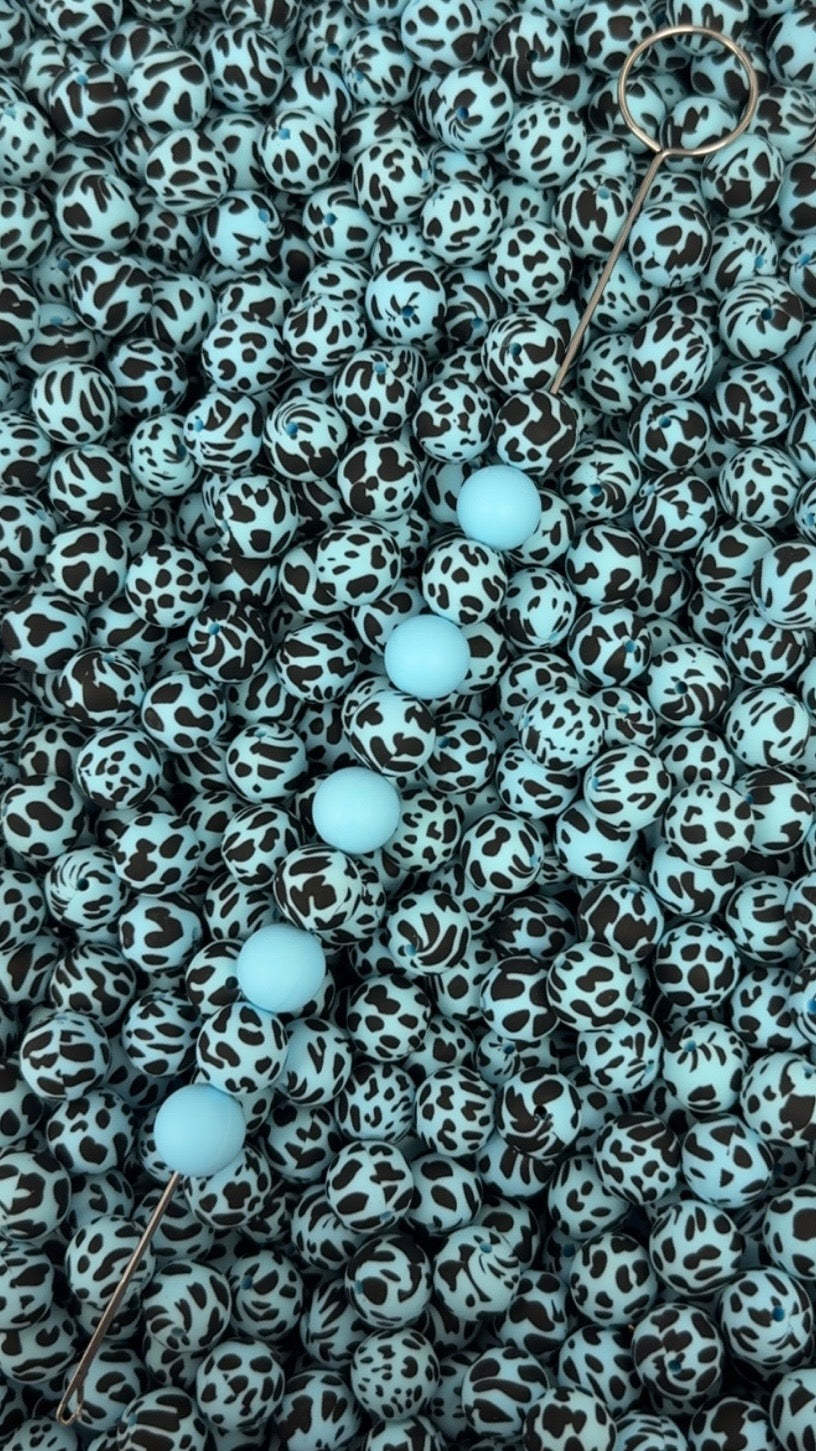 CTS Creation: Light Blue Black Cow Printed 15mm Beads