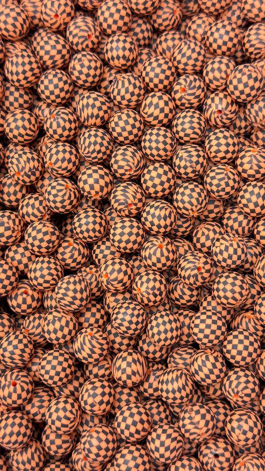 Burnt Orange & Black Checkered  Printed 15mm Bead