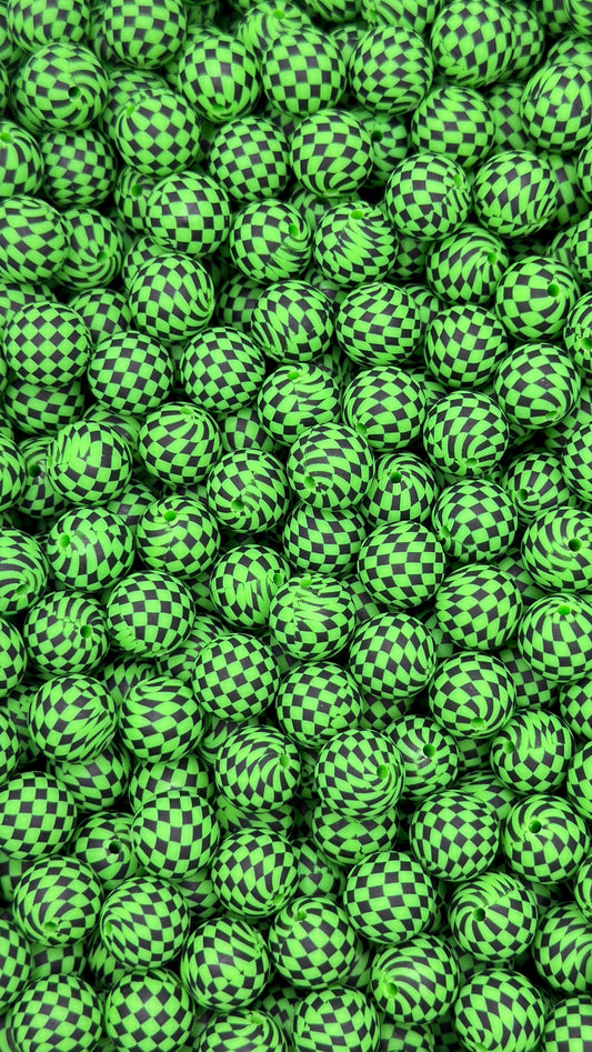 Green & Black Checkered  Printed 15mm Bead