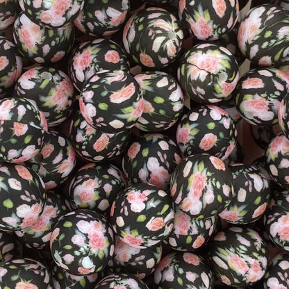 CTS Creation : Perle de 15 mm à imprimé floral rose noir