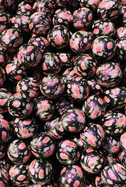 Création CTS : Perle à imprimé floral OPAL 15 mm Rose Noir