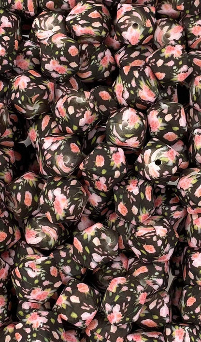 Création CTS : Hexagone 14 mm à imprimé floral rose noir