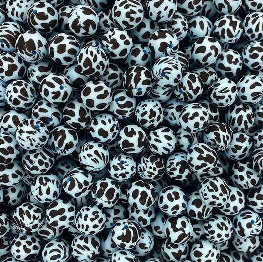 Light Blue Black Cow Printed 15mm Beads