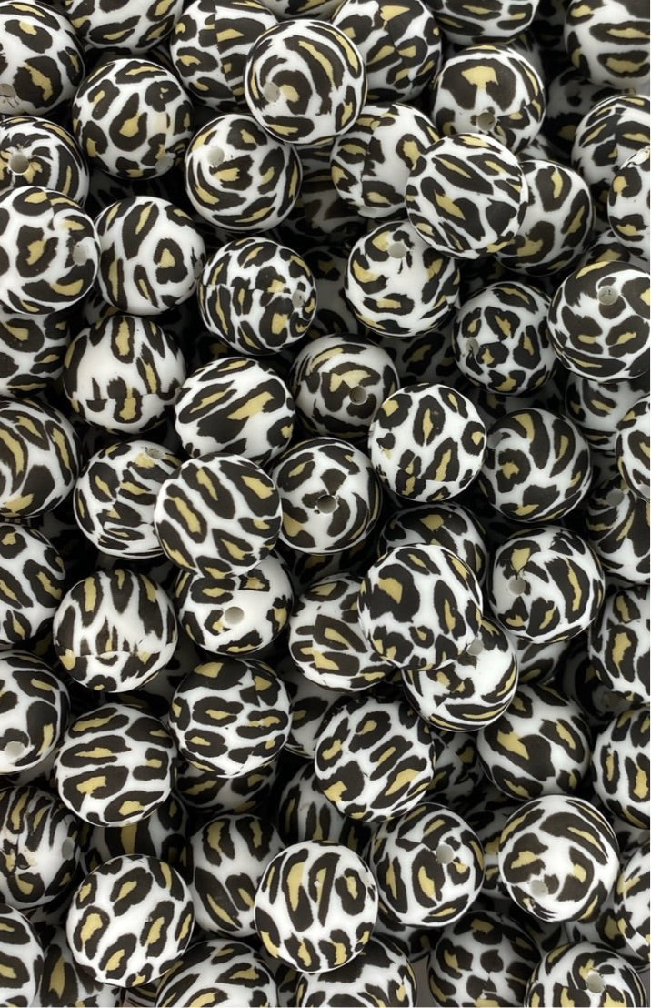 White Leopard Printed 15mm Bead